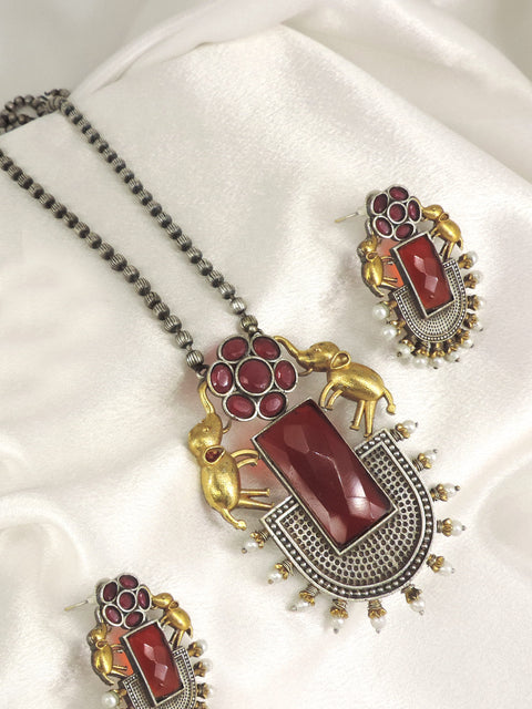 Maroon Elephant Oxidized Necklace Set | Joyrias