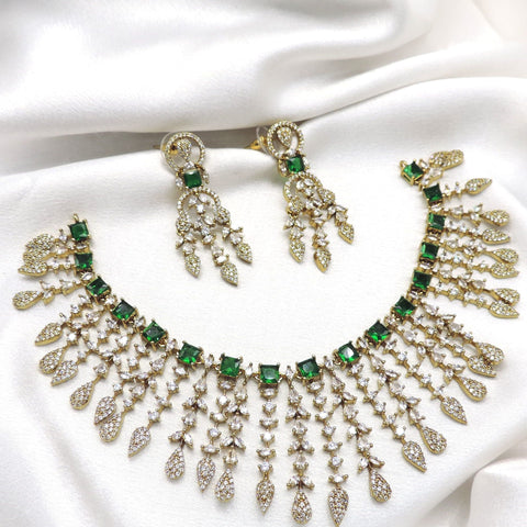 Emerald green CZ fringe necklace set with matching drop earrings