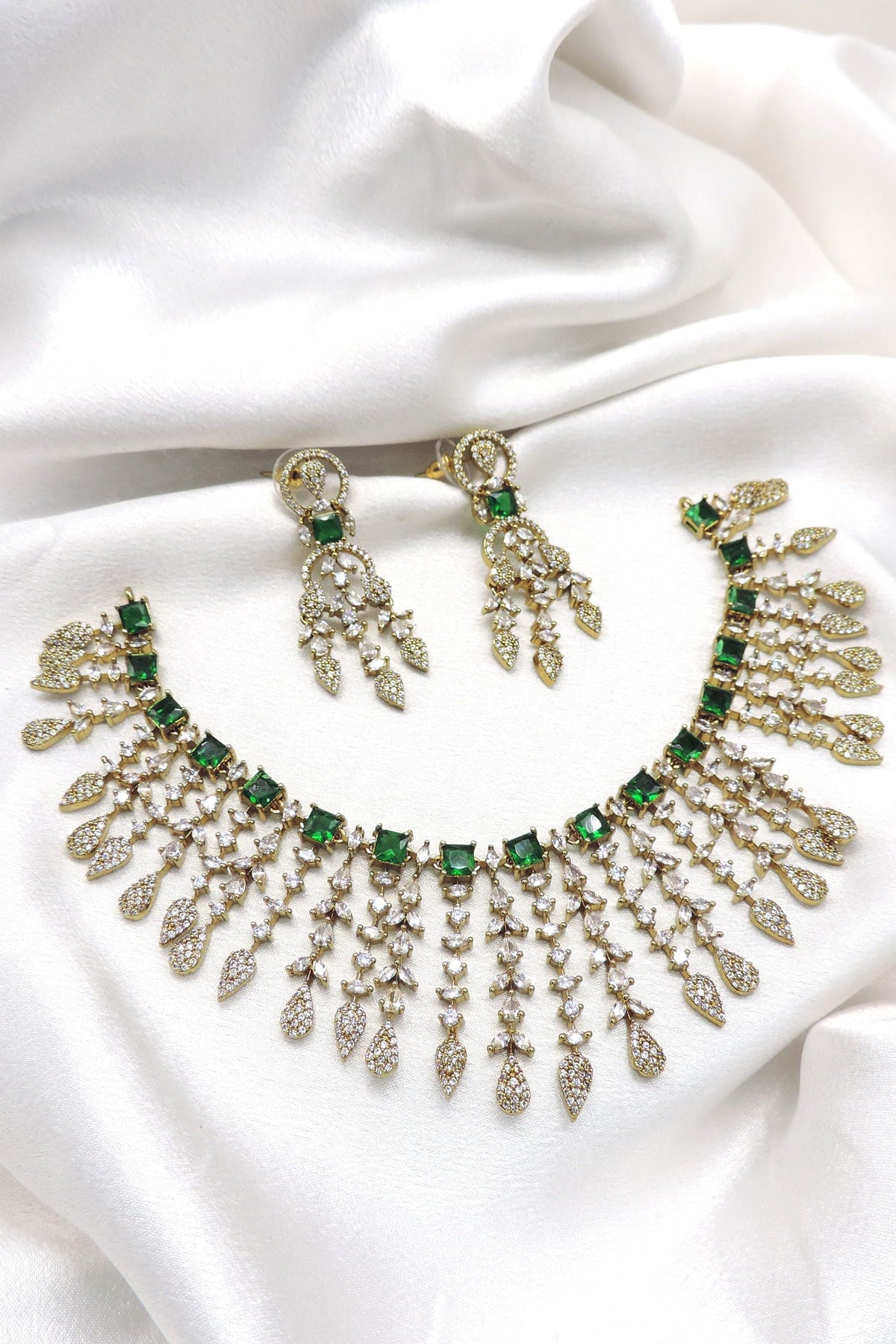 Emerald green CZ fringe necklace set with matching drop earrings