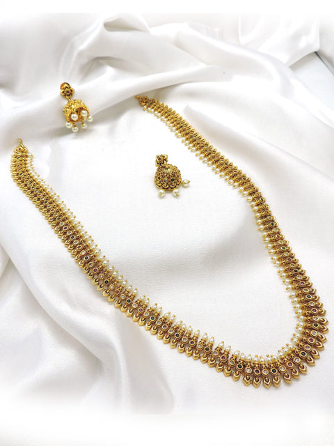 Heritage gold-tone traditional necklace set with pearl detailing and matching jhumka earrings