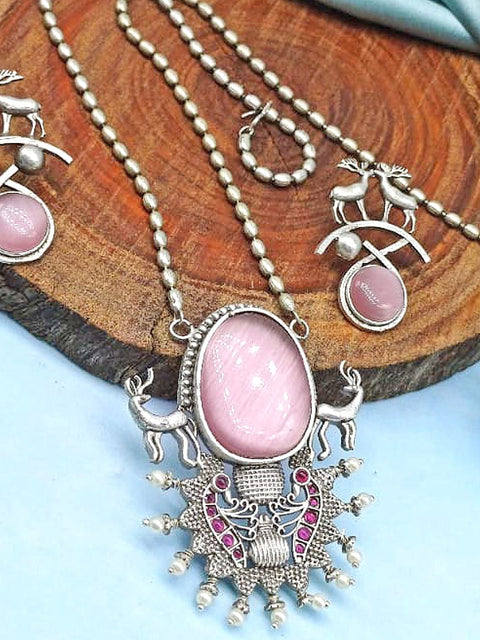 Pink Stone Oxidized Deer Necklace Set with Matching Earrings – Tribal Statement Jewelry