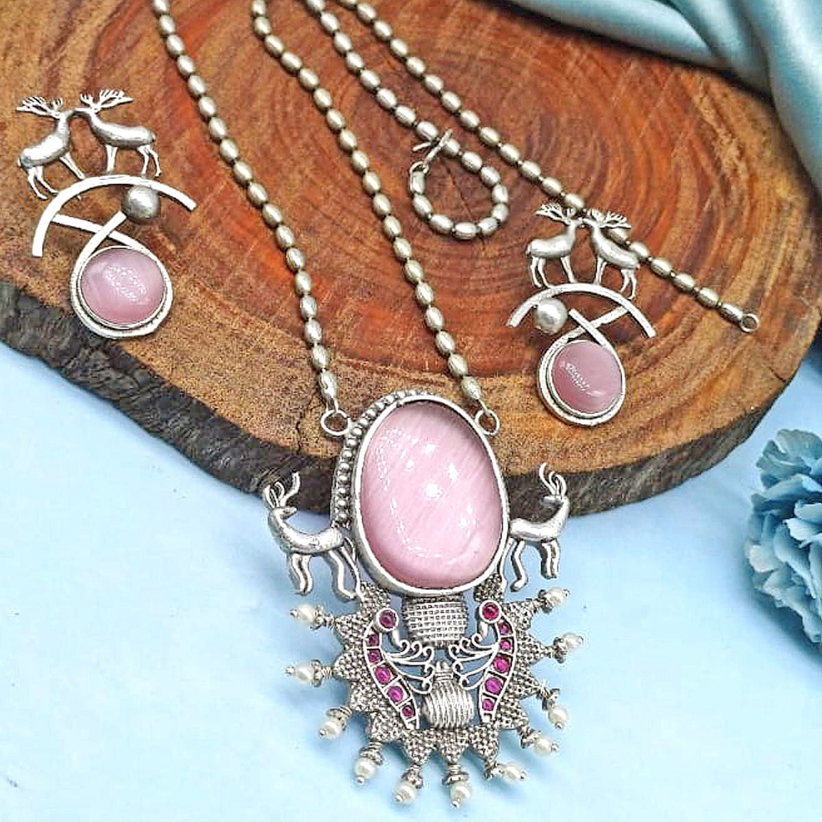 Pink Stone Oxidized Deer Necklace Set with Matching Earrings – Tribal Statement Jewelry