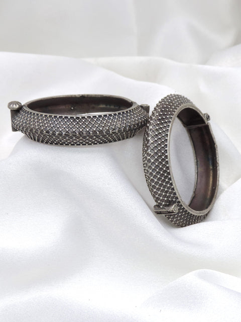 Oxidized silver textured lattice openable bangle set with traditional detailing by joyrias