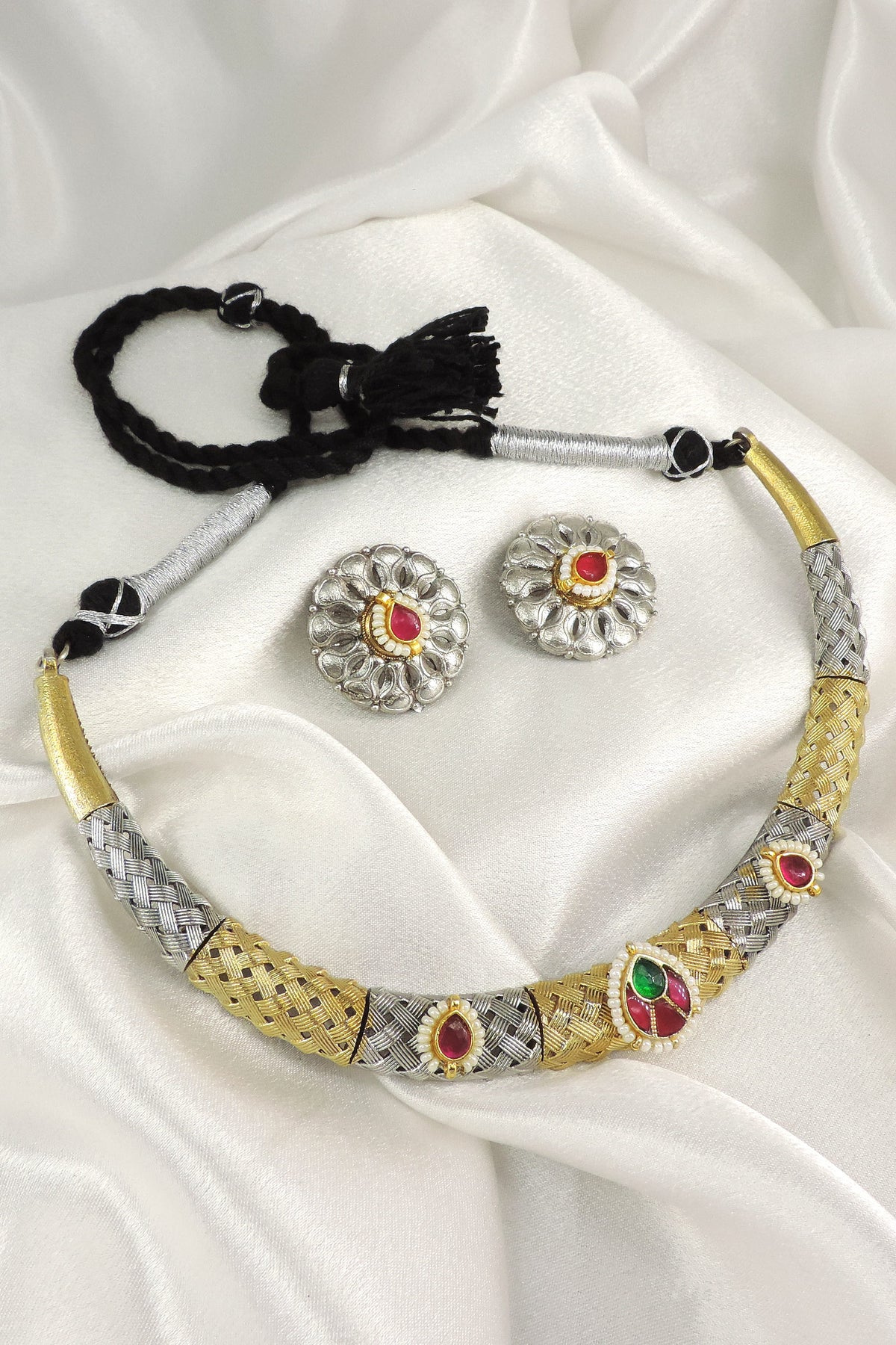 Dual Tone Meenakari Ruby Hasli Set by Joyrias