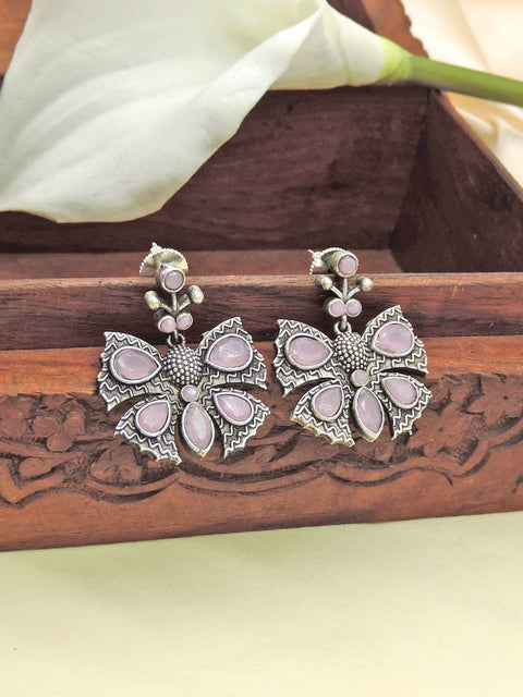 Pink Stone Oxidised Floral Statement Earrings