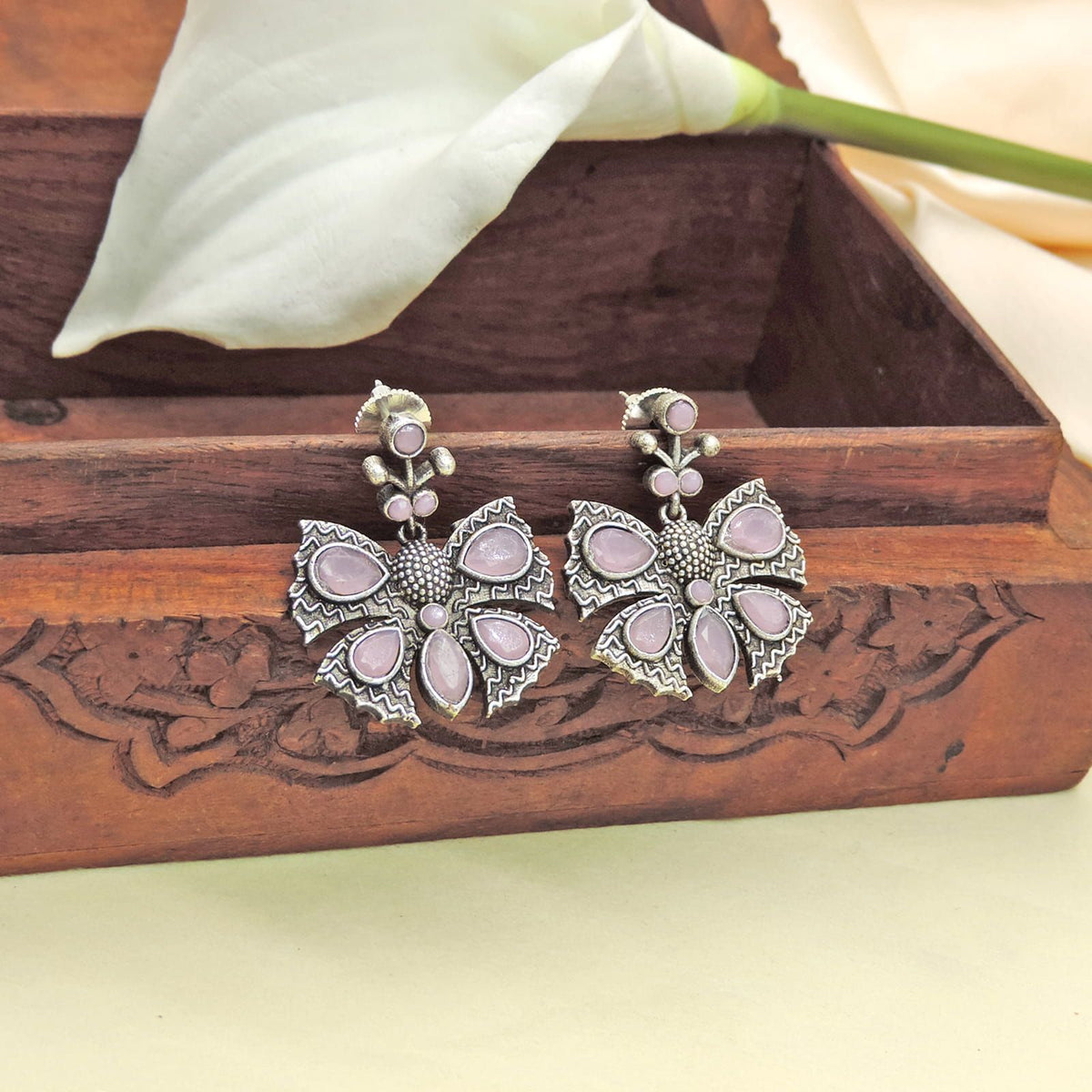 Pink Stone Oxidised Floral Statement Earrings