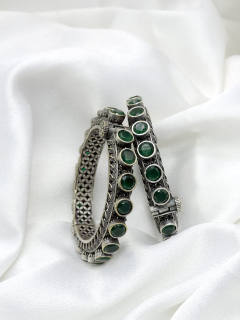 Oxidized silver green stone openable bangle set by joyrias
