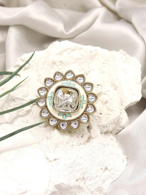 Round ivory mint enamel Kundan AD cocktail ring – Indian statement ring USA – Joyrias