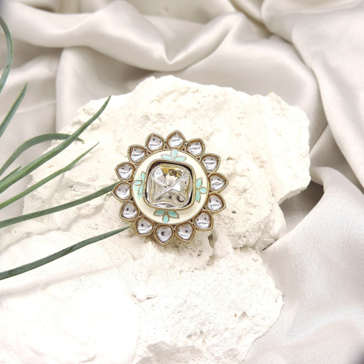 Round Enamel Kundan AD Cocktail Ring (Ivory Mint) Image 0