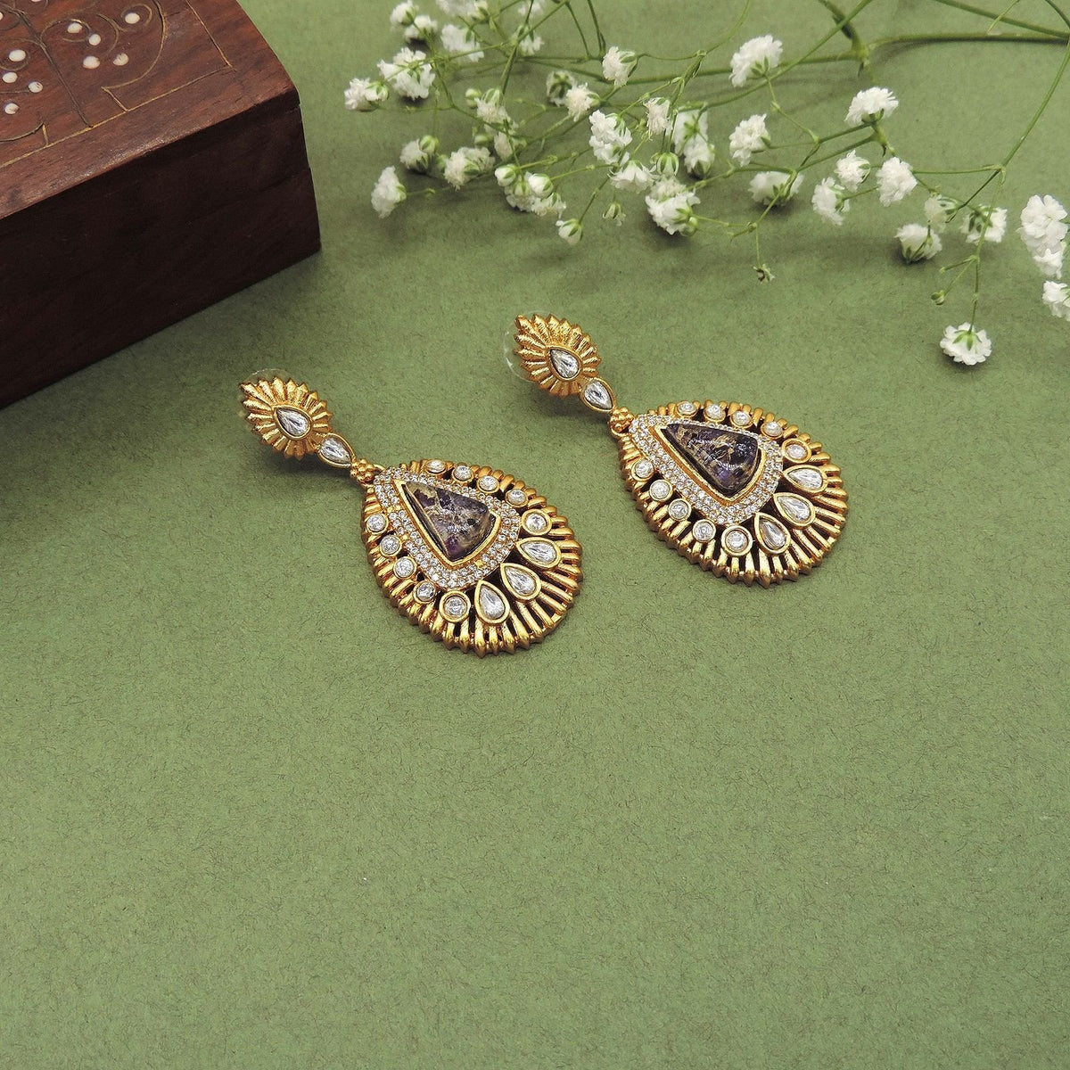 Royal gold plated Kundan teardrop earrings – Indian bridal earrings for weddings USA – Joyrias