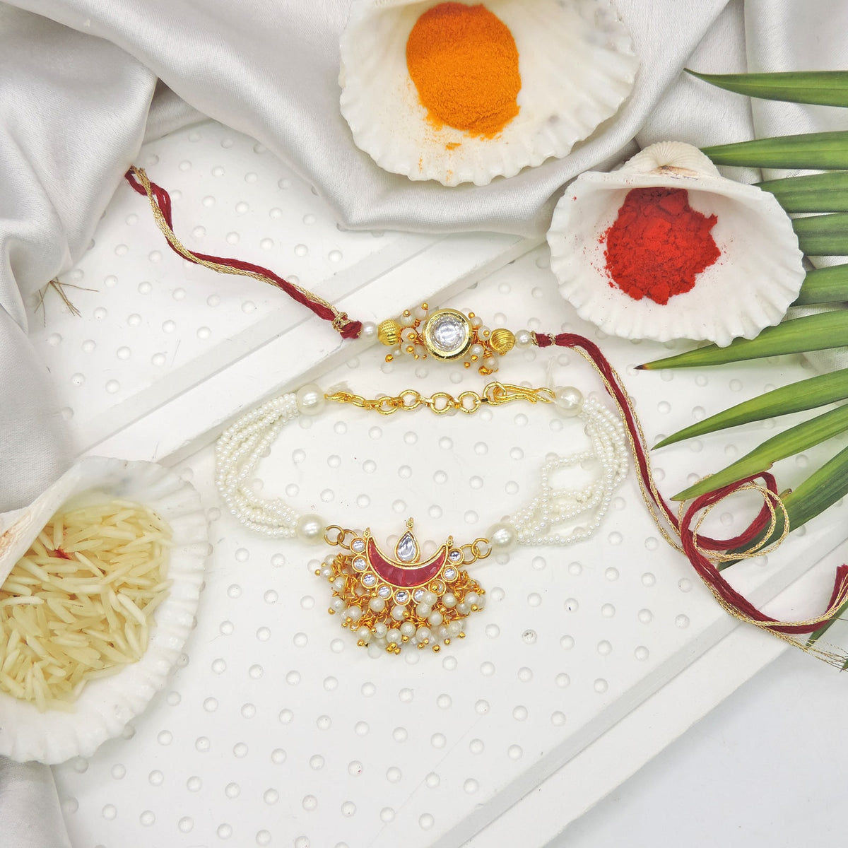 Kundan Pearl Bhaiya Bhabhi Rakhi Set