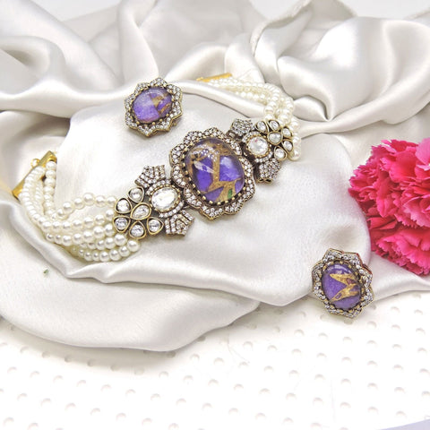 Purple Fire Stone Kundan Choker Set with Multi-Strand Pearls & Earrings Image 0