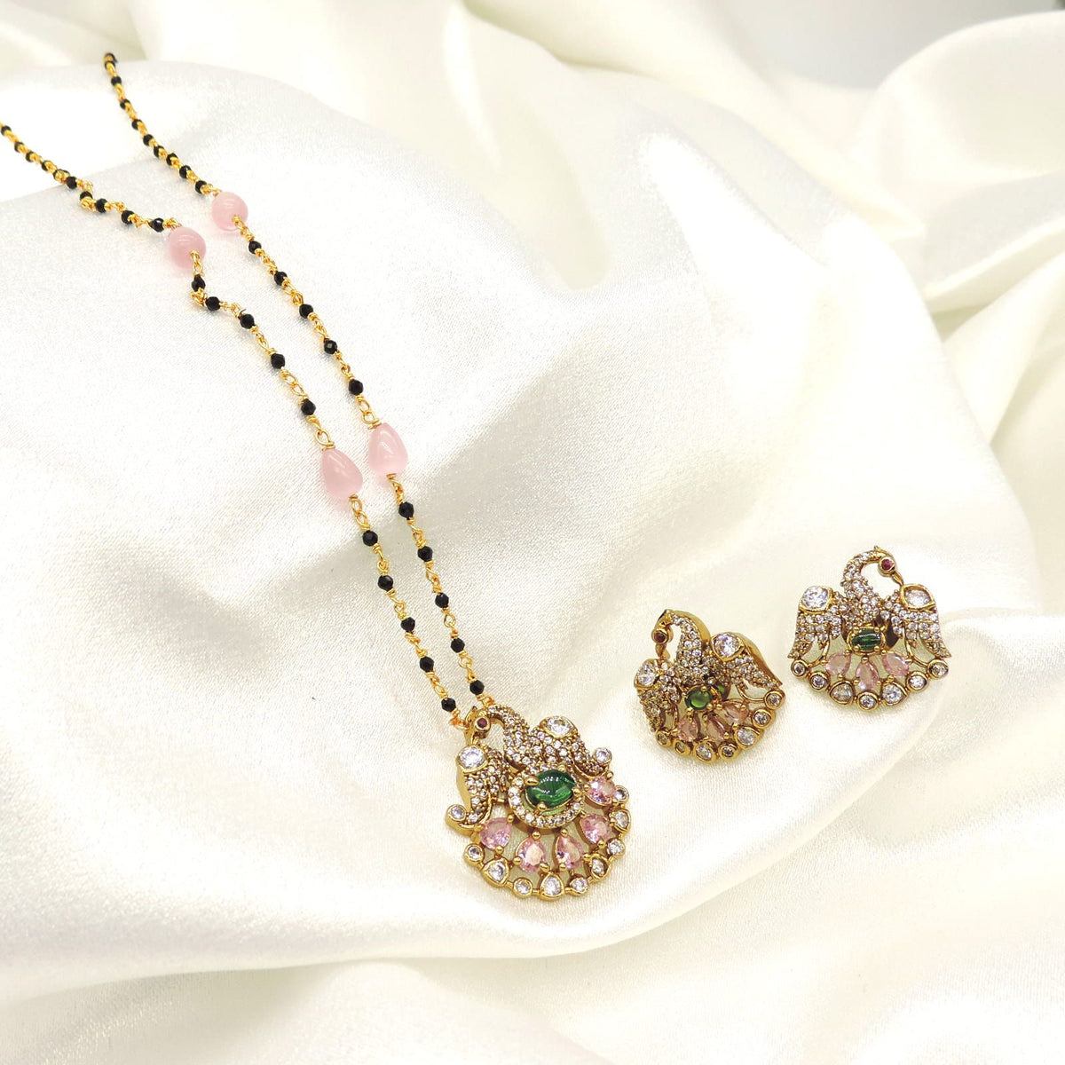 Peacock Mangalsutra Necklace Set | Pink & Green