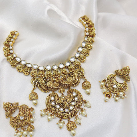 Peacock Kundan Pearl Paisley Necklace Set with Matching Earrings by Joyrias