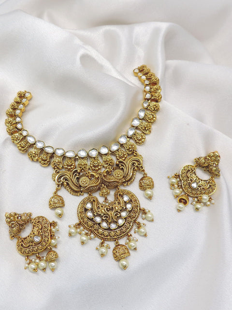 Peacock Kundan Pearl Paisley Necklace Set with Matching Earrings by Joyrias