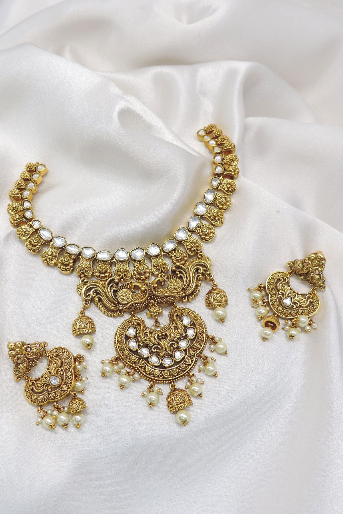 Peacock Kundan Pearl Paisley Necklace Set with Matching Earrings by Joyrias