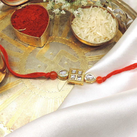 Elegant Kundan Square Rakhi with Red Thread | Handmade Raksha Bandhan Rakhi
