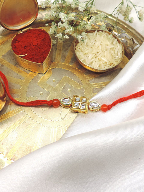 Elegant Kundan Square Rakhi with Red Thread | Handmade Raksha Bandhan Rakhi