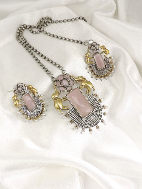 Maroon Elephant Oxidized Necklace Set