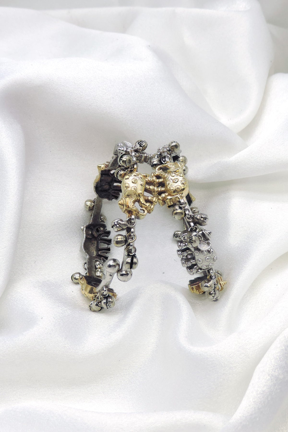 Oxidized dual-tone elephant charm openable bangle set with ghungroo detailing by joyrias