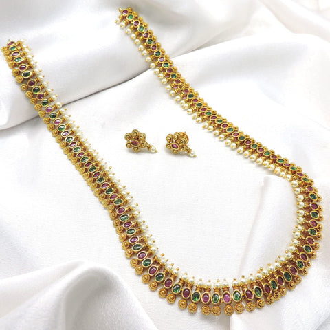 Traditional classic gold-toned temple long necklace set with ruby and green stones and matching earrings by joyrias