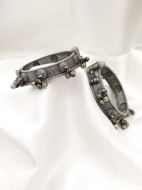 Oxidized silver floral ghungroo openable bangle set with traditional detailing by joyrias