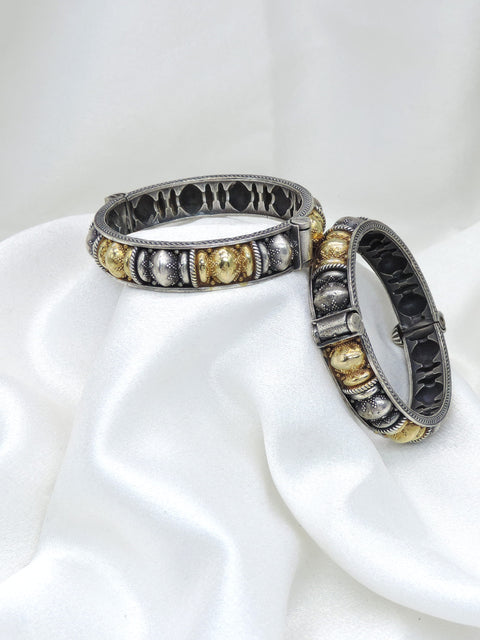 Oxidized dual-tone beaded openable bangle set with silver and gold-toned detailing by joyrias
