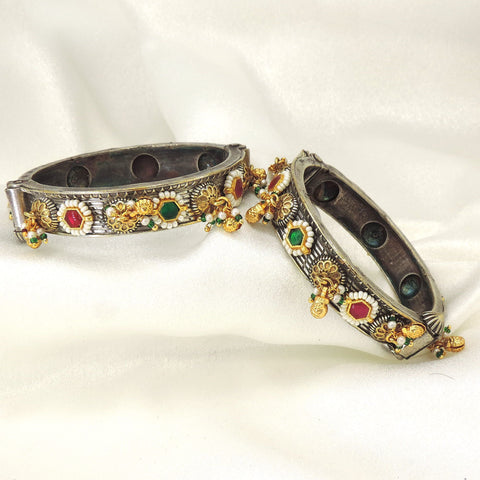 Antique Silver Ethnic Charm Bangle Set by Joyrias