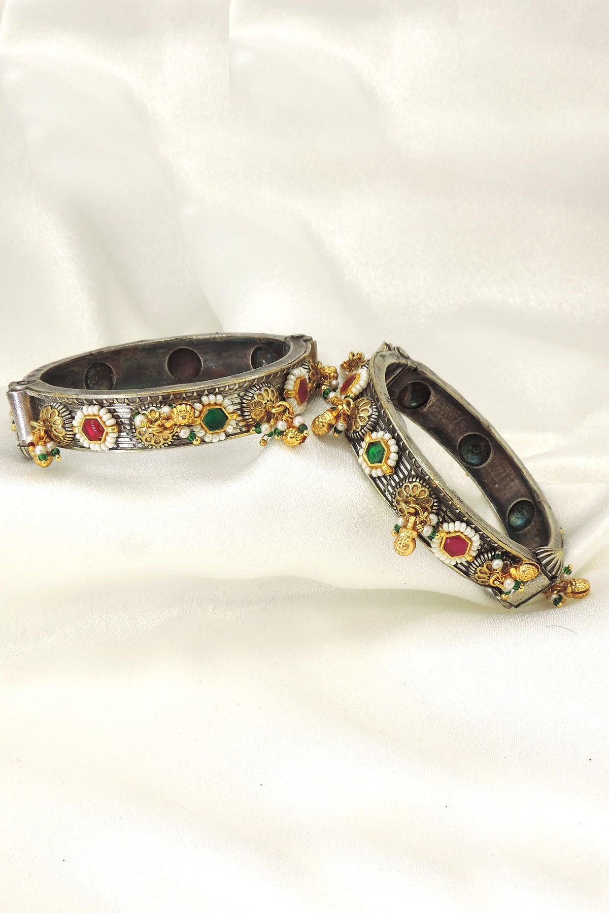 Antique Silver Ethnic Charm Bangle Set by Joyrias