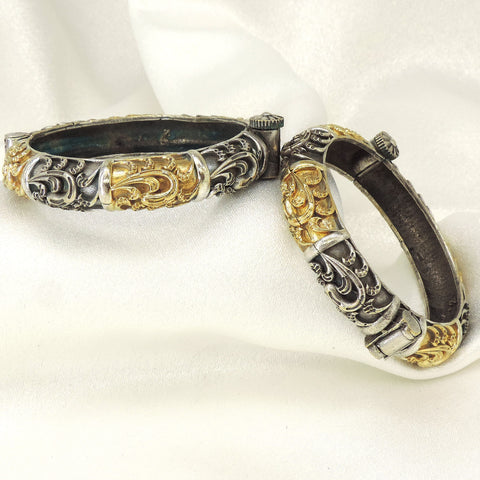 Oxidized Silver & Gold Carved Kada Bangles | Adjustable Traditional Ethnic Bangles for Women (Pair)