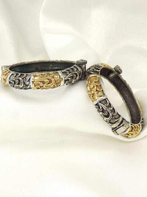 Oxidized Silver & Gold Carved Kada Bangles | Adjustable Traditional Ethnic Bangles for Women (Pair)