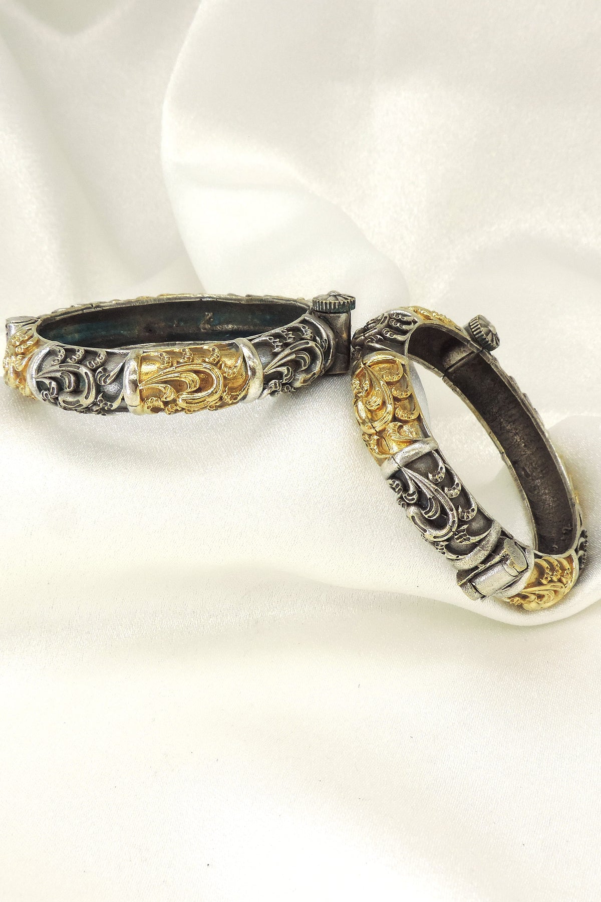 Oxidized Silver & Gold Carved Kada Bangles | Adjustable Traditional Ethnic Bangles for Women (Pair)