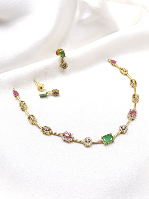 Gold-Toned Multicolor AD CZ Stone Necklace Set