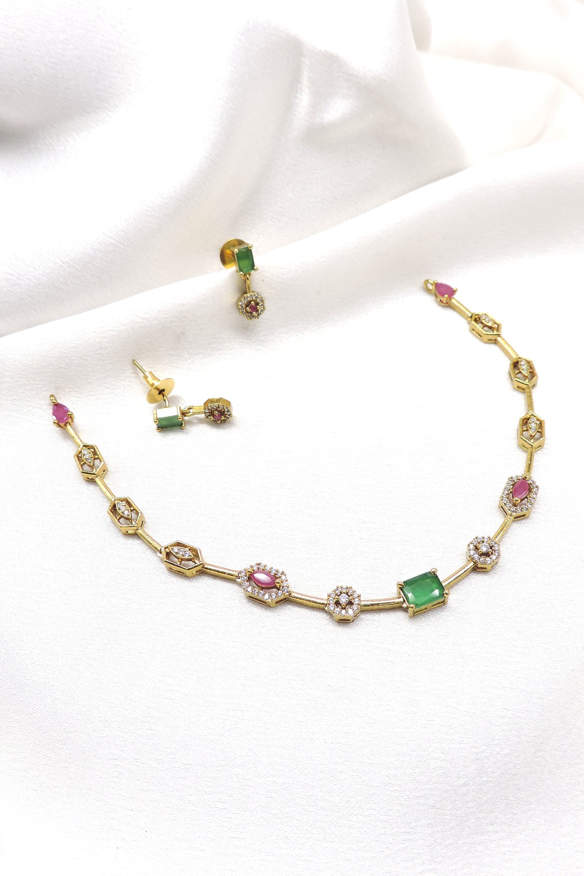 Gold-Toned Multicolor AD CZ Stone Necklace Set