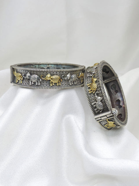 Oxidized dual-tone elephant motif openable bangle set by joyrias
