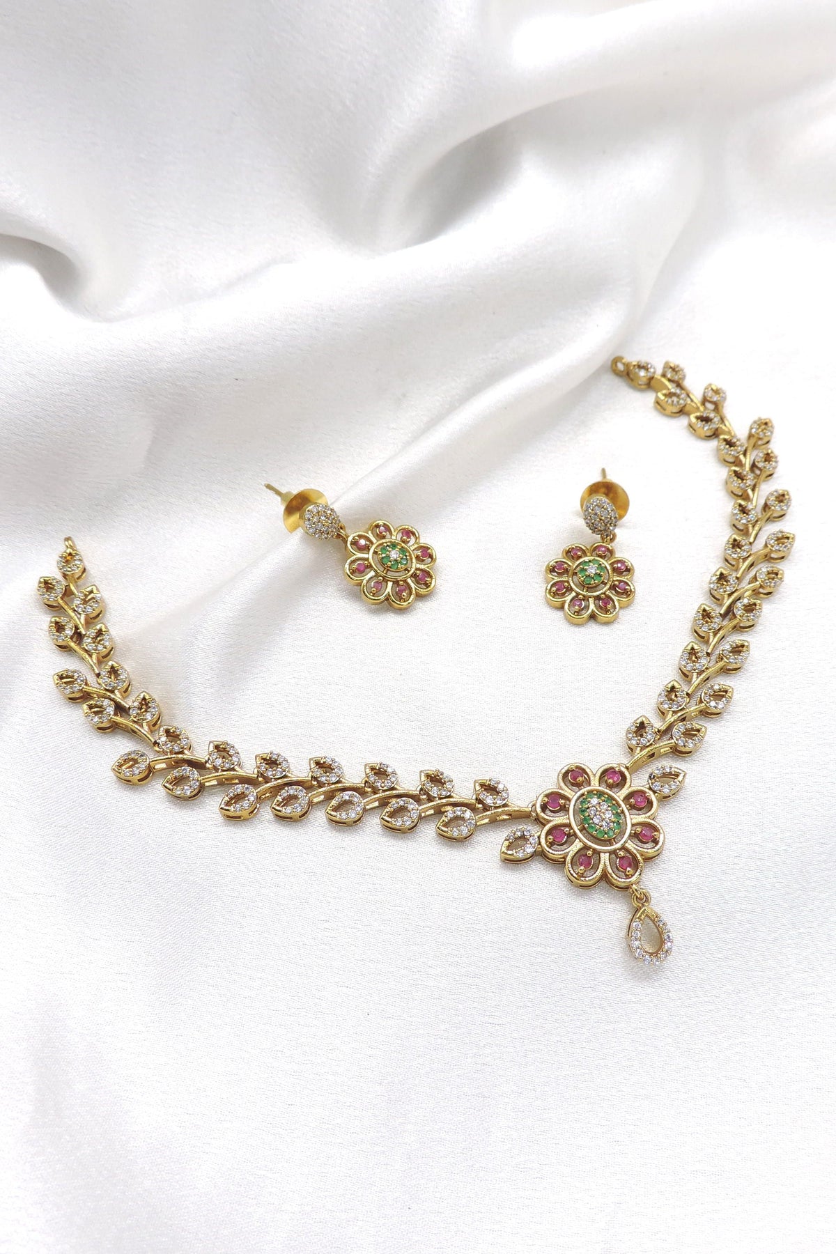 Ruby emerald royal floral necklace set with matching earrings by joyrias