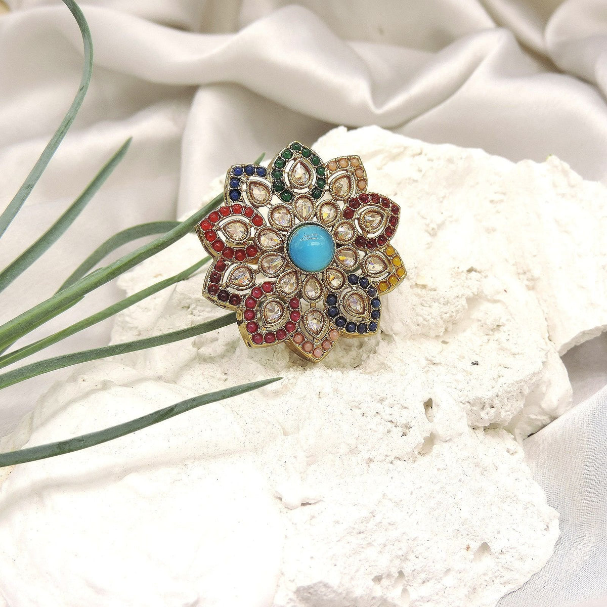 Lotus Navratna style Kundan AD cocktail ring – Indian premium ring for women USA – Joyrias