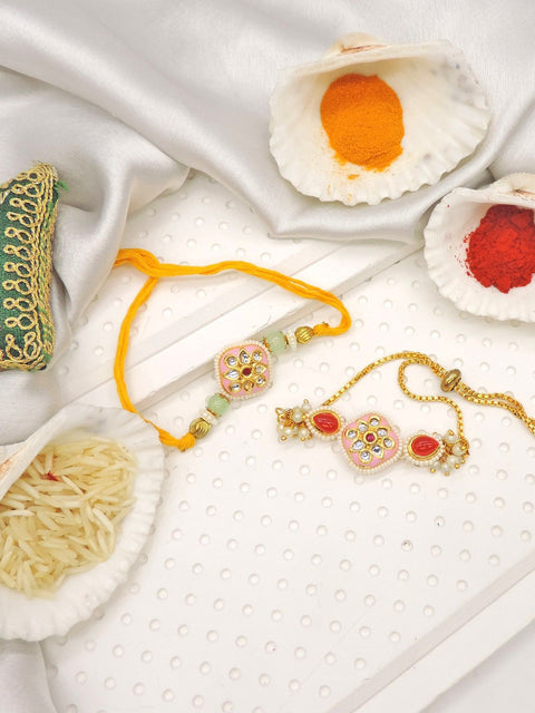 Pink Kundan Bhaiya Bhabhi Rakhi Set by Joyrias