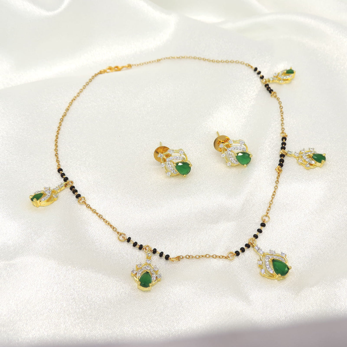 Green Stone Mangalsutra Necklace Set with CZ 