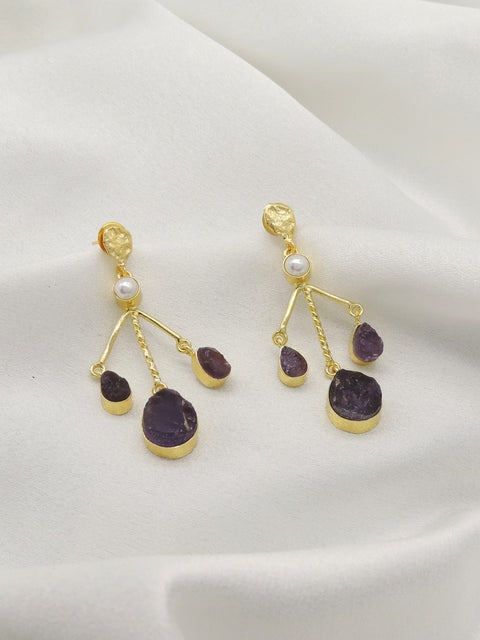 Multi Stone Drop Earrings with Pearl | Natural Gemstone Statement Earrings