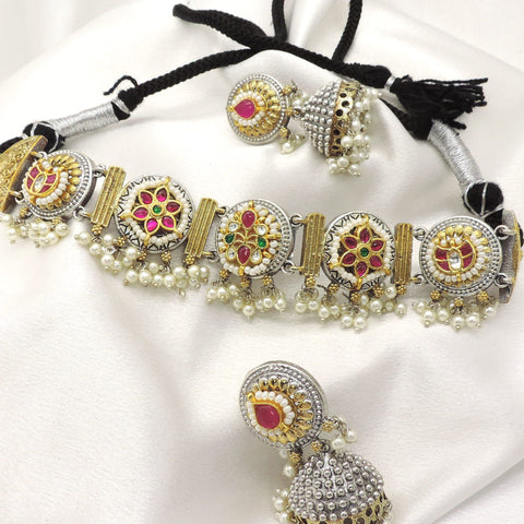 Ruby Dual Tone Choker Necklace Set by Joyrias