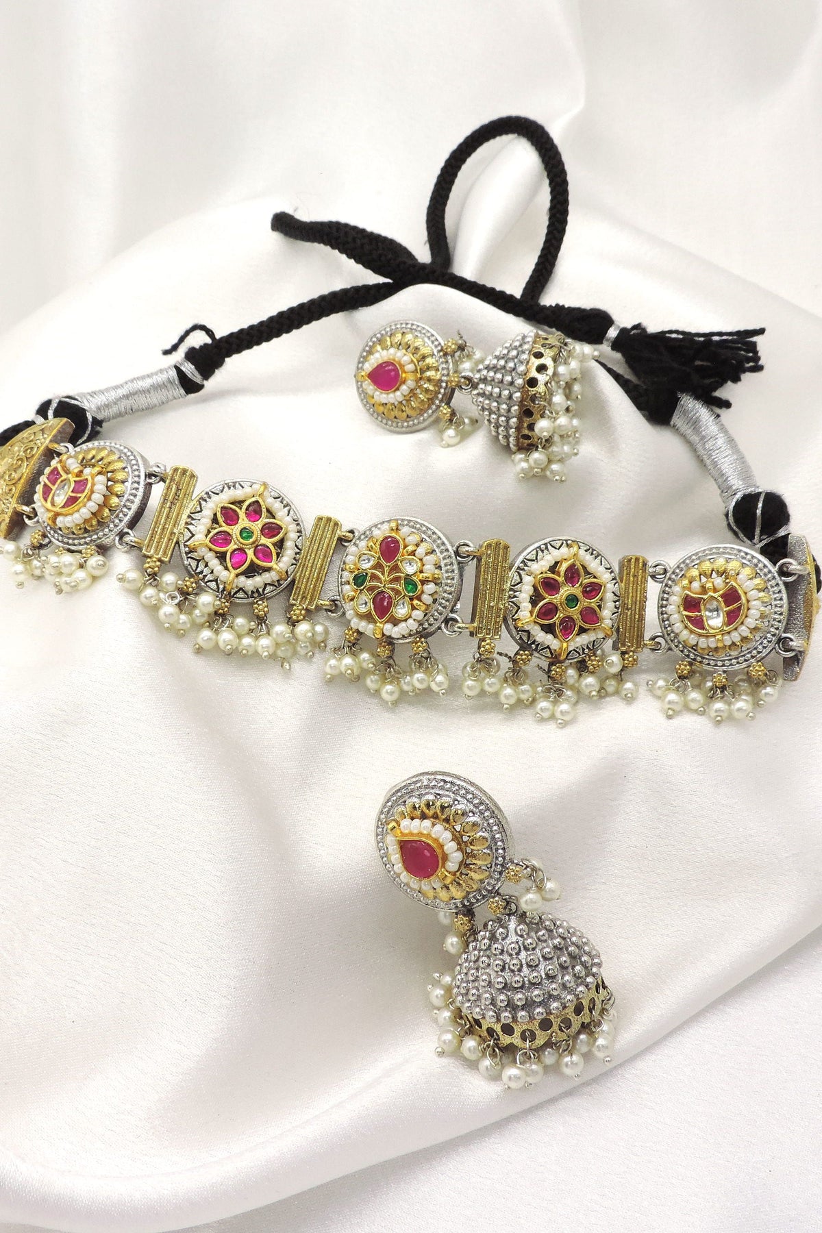 Ruby Dual Tone Choker Necklace Set by Joyrias