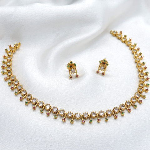 Gold-toned multicolor floral CZ necklace set with green and pink stones and matching earrings by joyrias