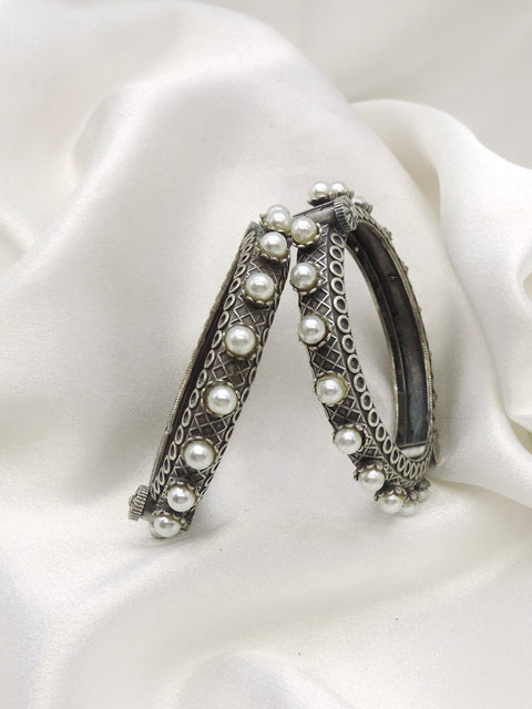 Oxidized silver pearl beaded openable bangle set with traditional detailing by joyrias