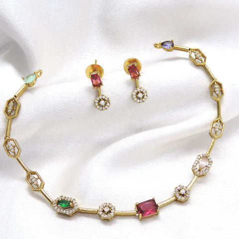Gold-toned multicolor AD CZ stone necklace set with sparkling detailing and matching earrings by joyrias