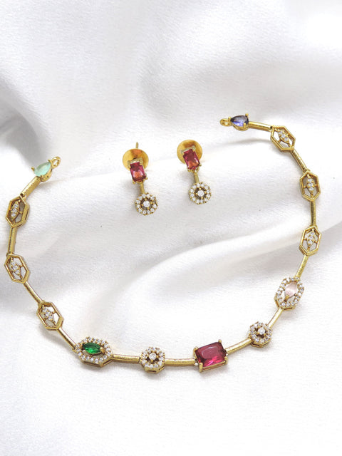 Gold-toned multicolor AD CZ stone necklace set with sparkling detailing and matching earrings by joyrias
