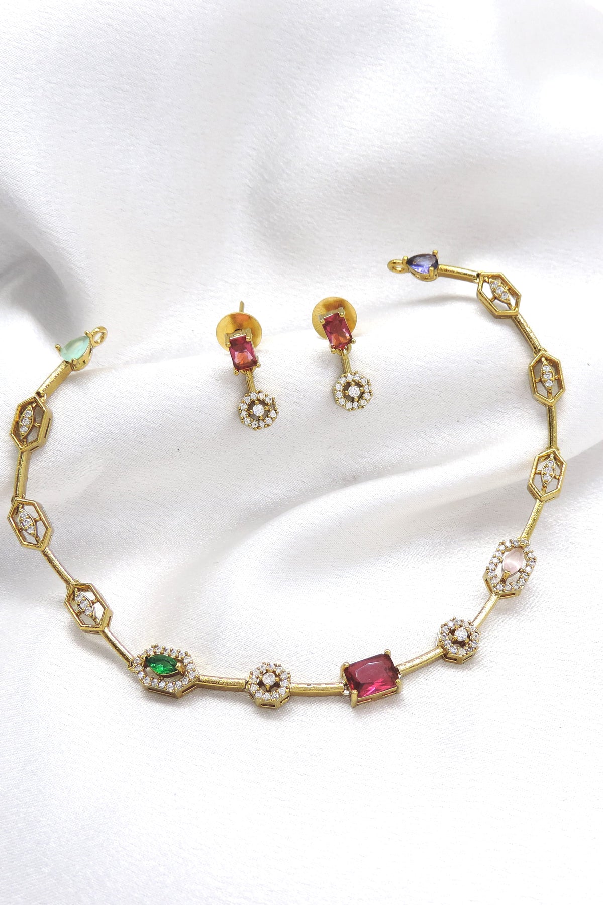 Gold-toned multicolor AD CZ stone necklace set with sparkling detailing and matching earrings by joyrias