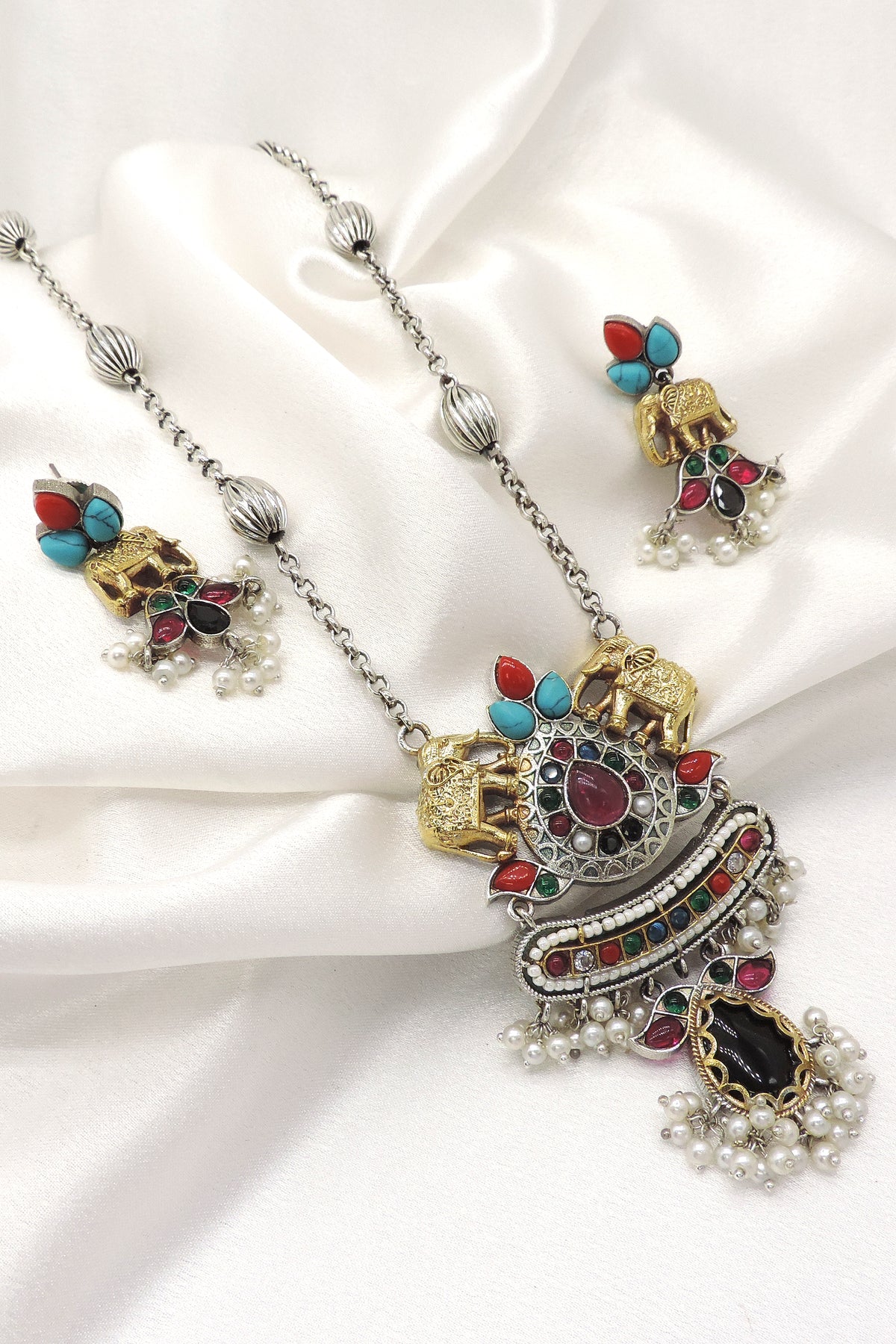 Heritage Elephant Dual Tone Pendant Set with Earrings