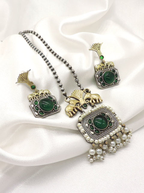 Pink Elephant Oxidized Necklace Set