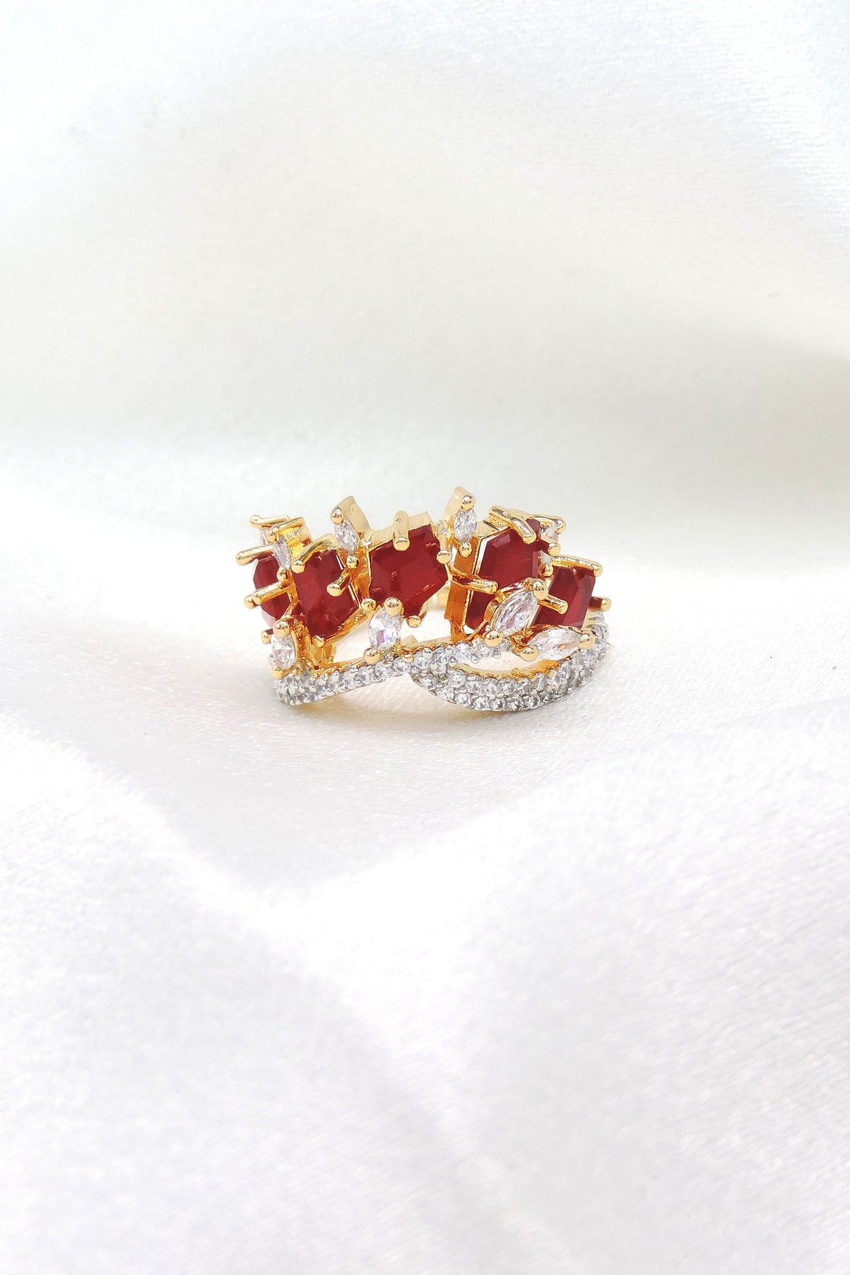 Red AD CZ ring with gold-toned detailing by joyrias